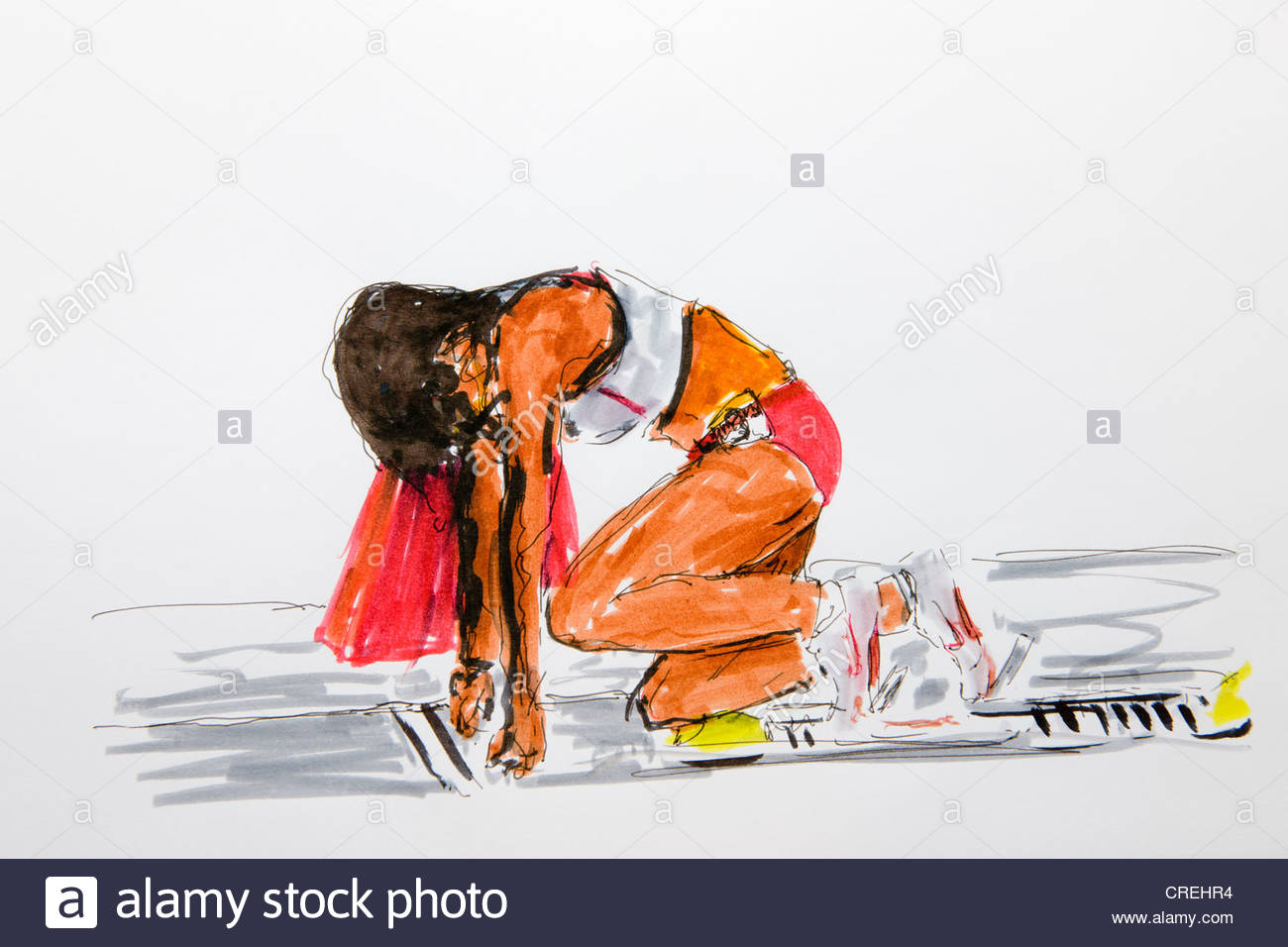 1300x956 Female Runner About To Start In Running Race, Coloured Drawing, By