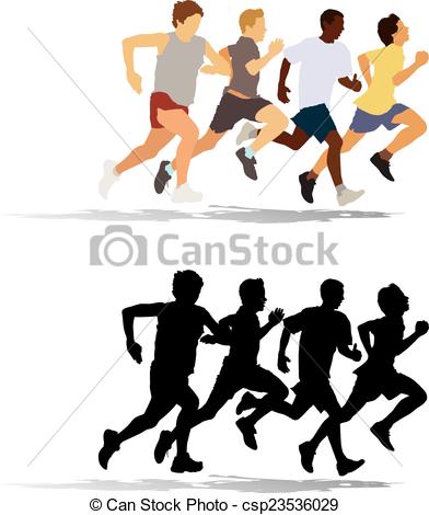 392x470 Running People. Group Of Four Young Man Running In The Race Vector