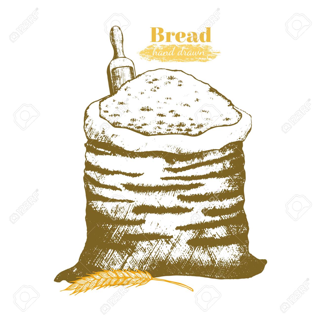 1300x1300 Sack With Whole And Scoop Flour Hand Draw Sketch. Illustration