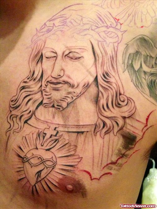500x666 Sacred Heart And Jesus Tattoo On Man Chest Tattoo