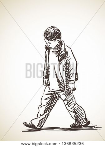 337x470 Sketch Sad Boy Walking, Hand Drawn Vector Amp Photo Bigstock