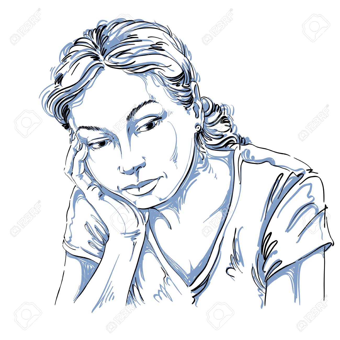 1300x1300 Vector Art Drawing, Portrait Of Sad And Depressed Girl, Thinking