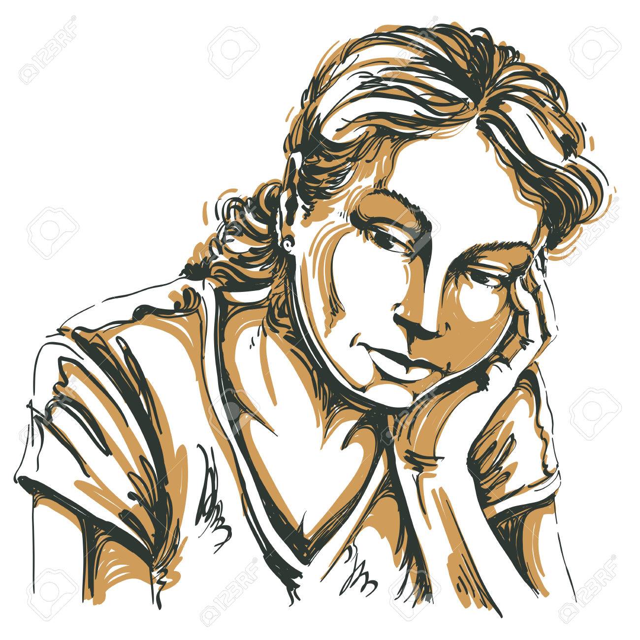1300x1300 Vector Art Drawing, Portrait Of Sad And Depressed Girl, Thinking
