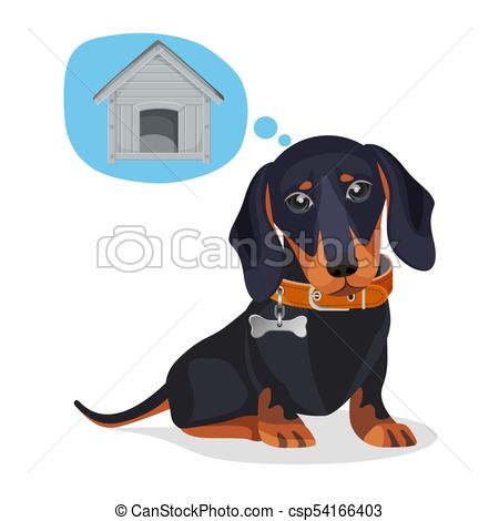450x470 Little Sad Puppy Thinks About Big Wooden Doghouse. Dachshund