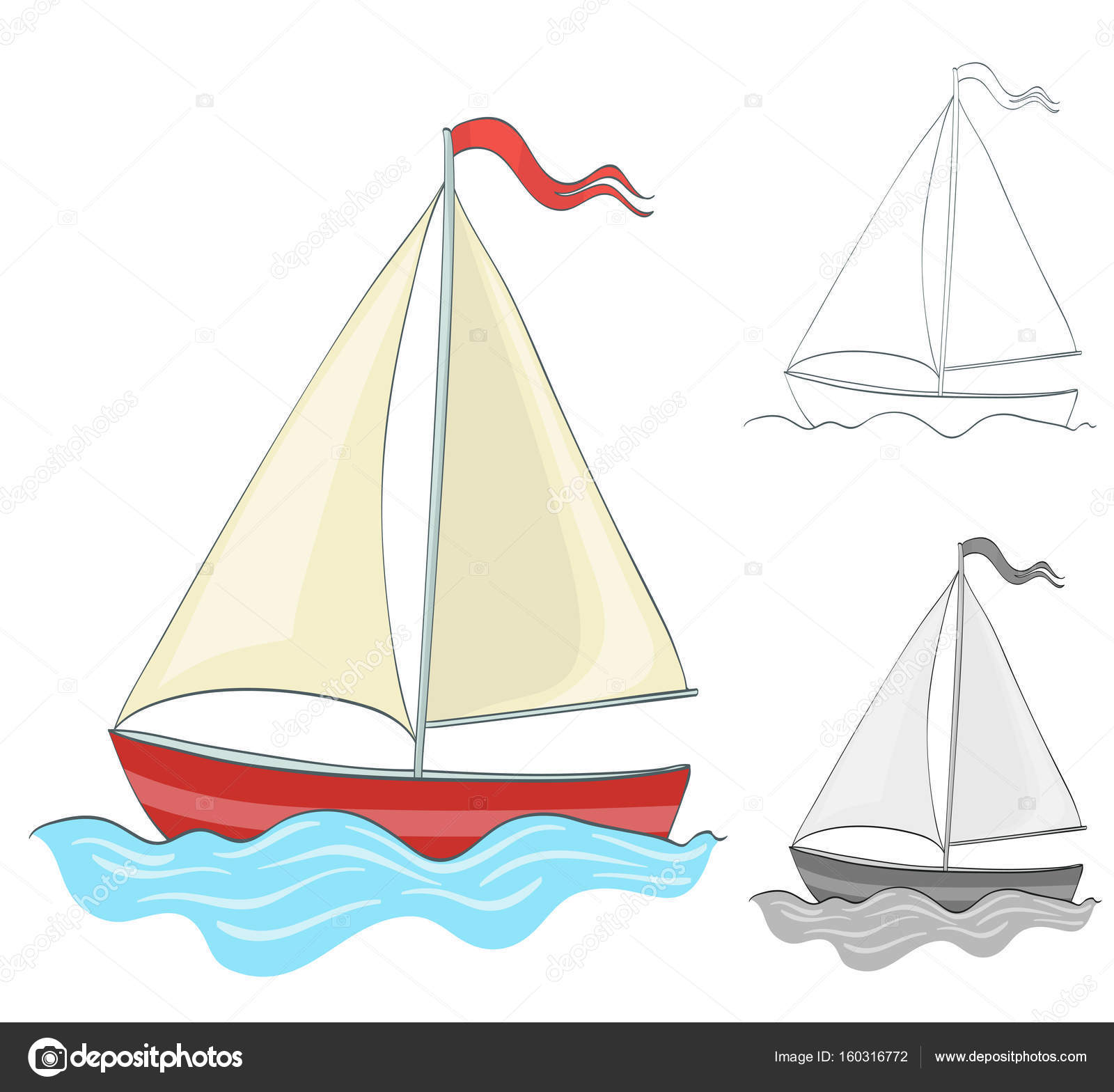 1600x1568 Sailing Boat Drawing With Coloring And Grayscale Version. Vector