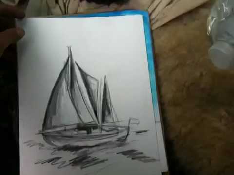 480x360 Sketching Sailboat, Hand Drawn Pencil