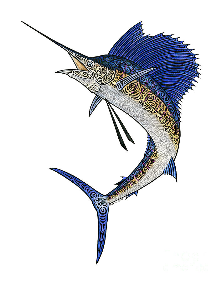 706x900 Watercolor Tribal Sailfish Mixed Media By Carol Lynne