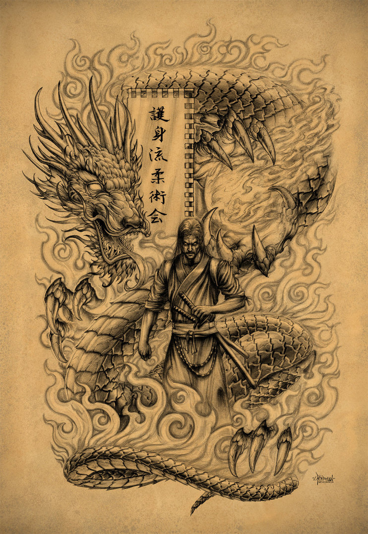 742x1077 Collection Of Samurai Dragon And Sword Tattoo Design
