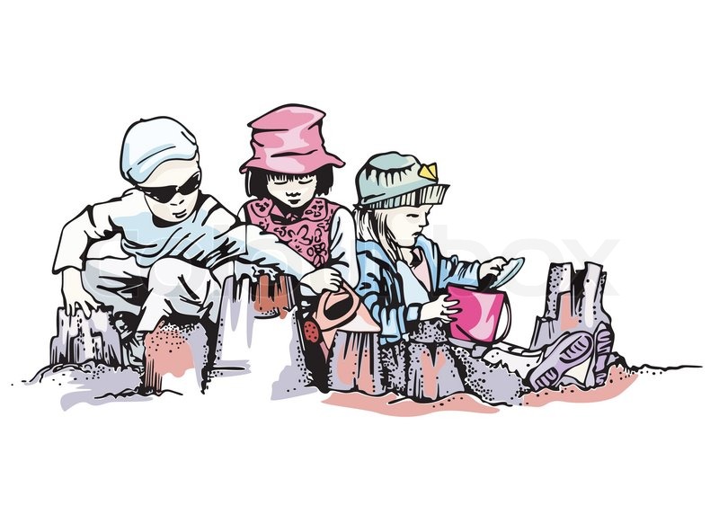 800x582 Vector Illustration Of Cartoon Boy Making Sand Castle Stock