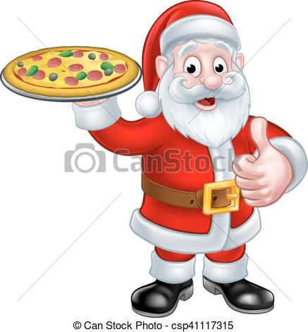 437x470 Cartoon Santa Claus Holding Pizza. Santa Christmas Chef Vector