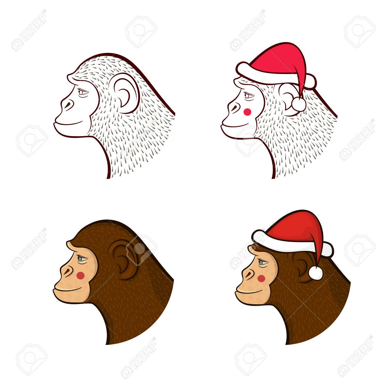 1300x1300 Holiday Set Far New Year, Four Different Monkeys In Cap Of Santa