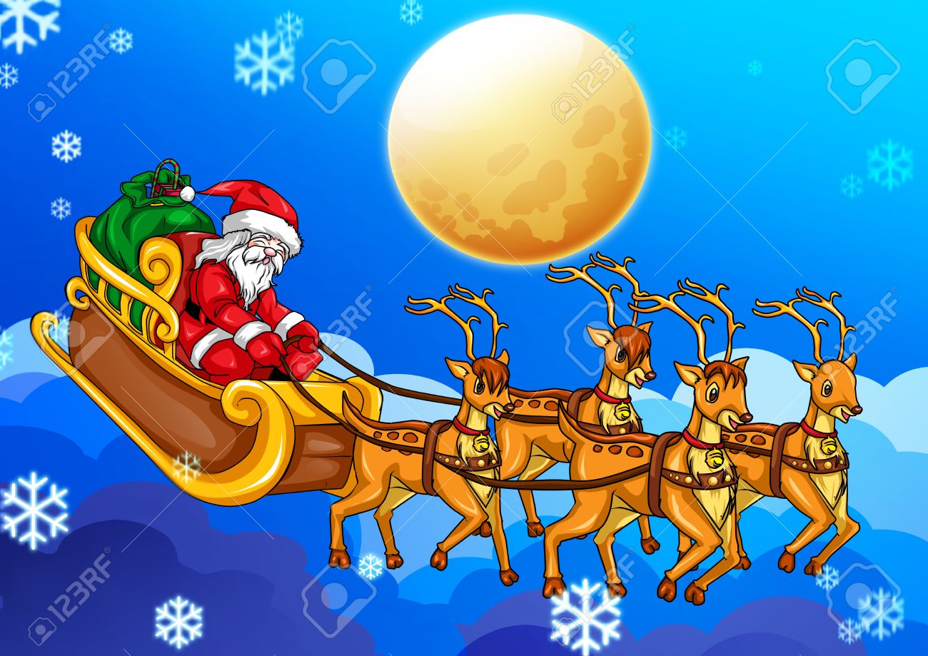 1300x919 Illustration Of Santa Claus Riding His Sleigh Stock Photo, Picture