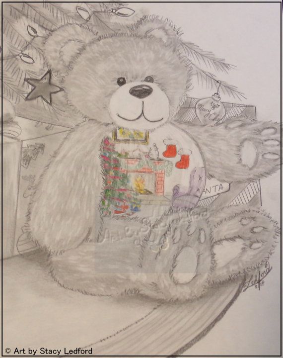 570x720 Christmas Morning, Original Art Piece, Christmas Tree, Teddy Bear