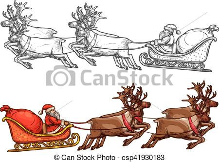 450x332 Santa Reindeer Sleigh, Gift Bag Sack Vector Sketch . Vector