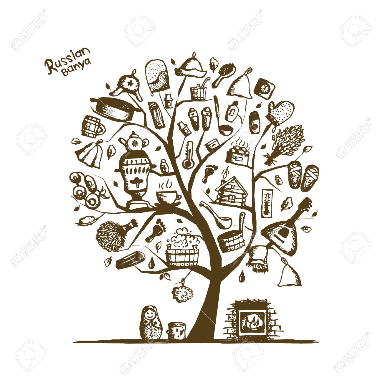 1300x1300 Russian Sauna, Art Tree Sketch For Your Design. Vector