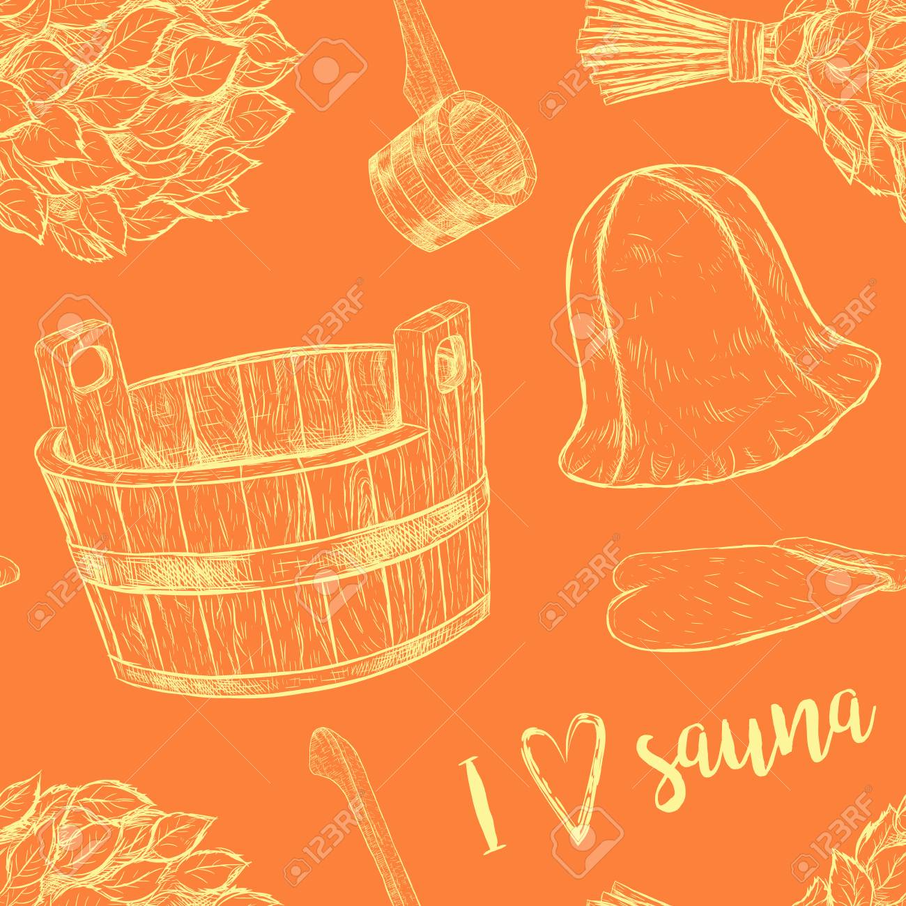 1300x1300 Seamless Pattern Items For Sauna. Hand Drawn Vector Set For Bath