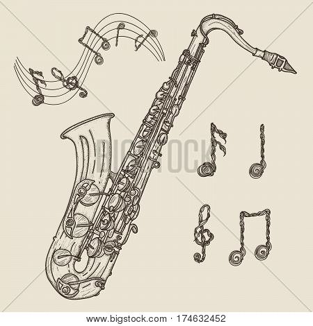 450x470 Saxophone And Music Notes Vintage Hand Drawn Illustration