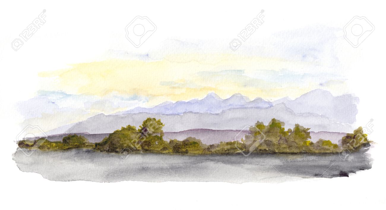 1300x707 Mountains Panorama Scenic View. Watercolor Drawing Landscape Stock