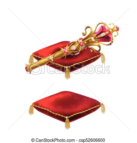 450x470 Royal Golden Scepter With Jewels On Red Velvet Pillows, Set