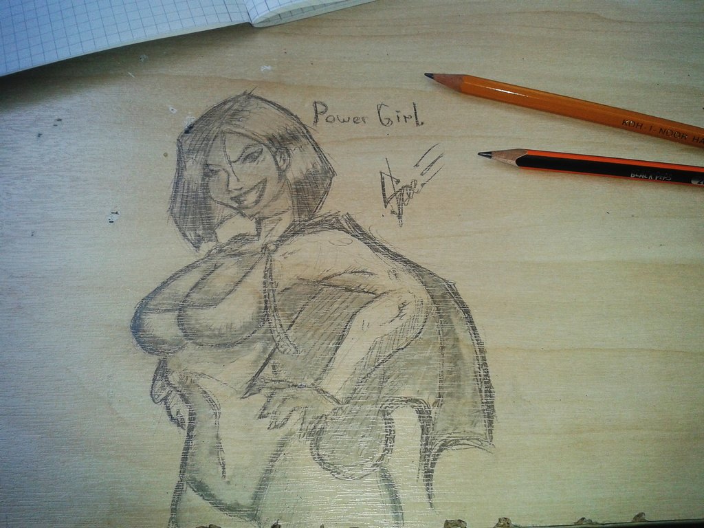 1024x768 Power Girl (I Was Bored ) !!!school Desk Drawing By Slavik Lee