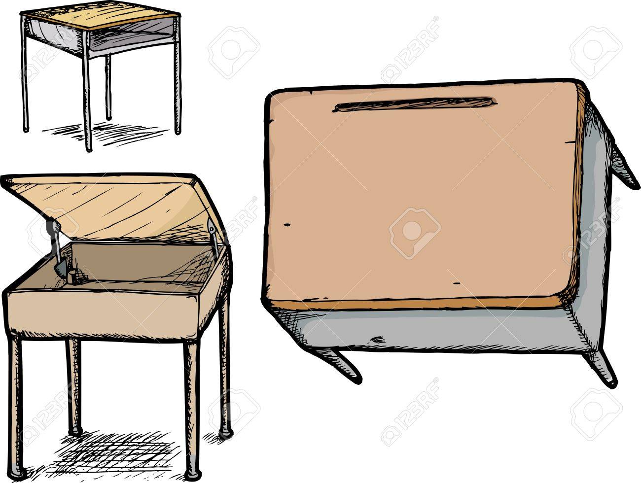 1300x980 Three Different School Desk Hand Drawings Over White Royalty Free