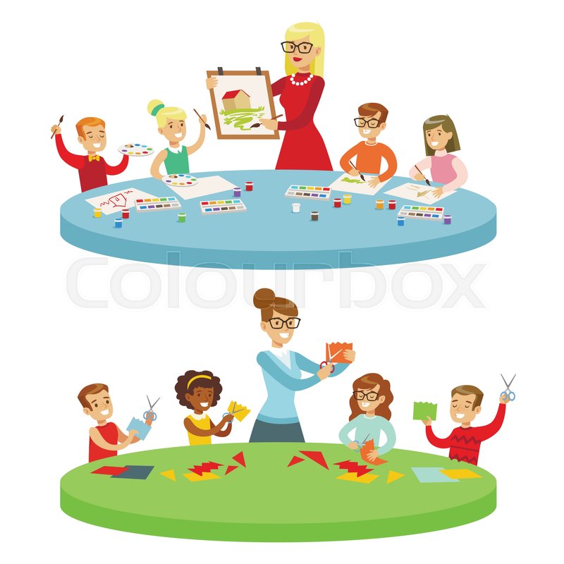 800x800 Children In Art Class Two Cartoon Illustrations With Elementary