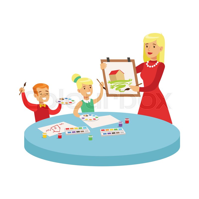 800x800 Two Children In Art Class Drawing Cartoon Illustration