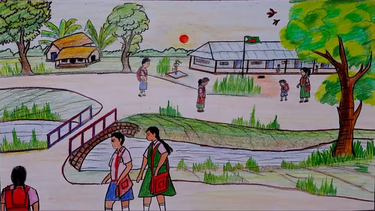 1280x720 Landscape Scenery School Drawing How To Draw Village School