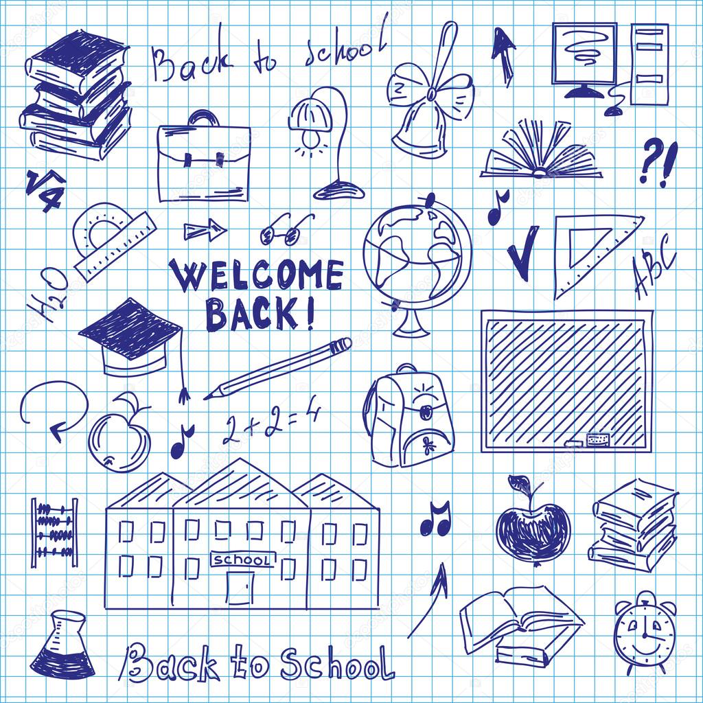 1024x1024 Freehand Drawing Of School Supplies In Notebook Stock Vector