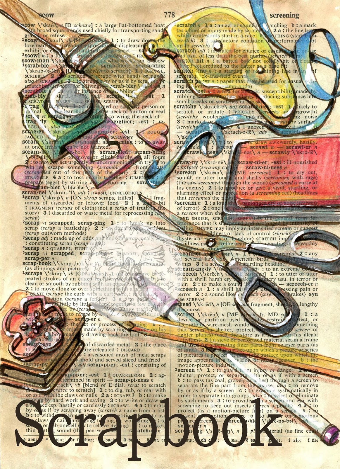 1163x1600 Scrapbook Mixed Media Drawing On Distressed, Dictionary Page