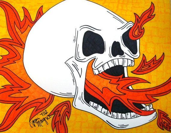 570x443 Screaming Skull Fire And Flames Marker Drawing 9x12 Inches