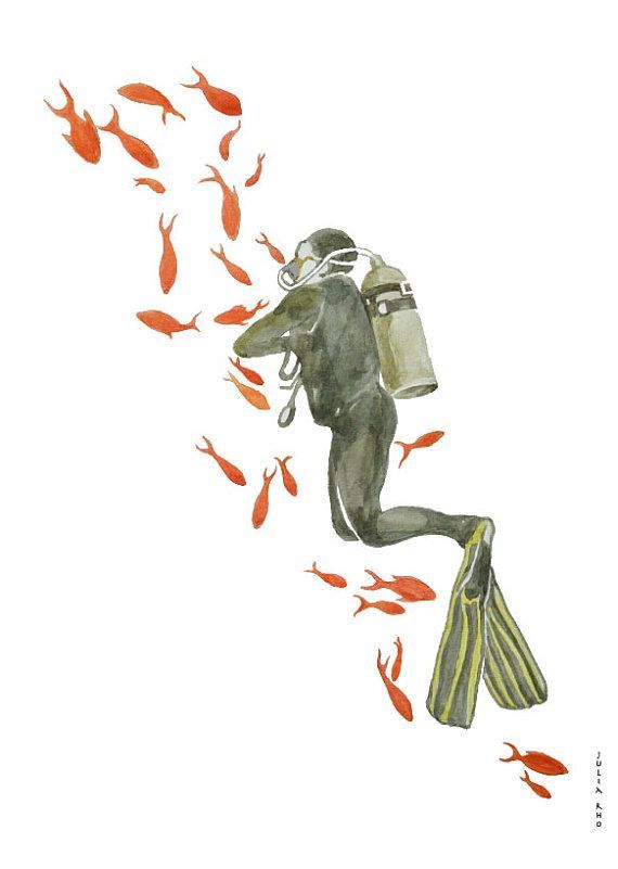 570x801 Scuba Diving In Red Sea Watercolor Drawing By Artandspirits