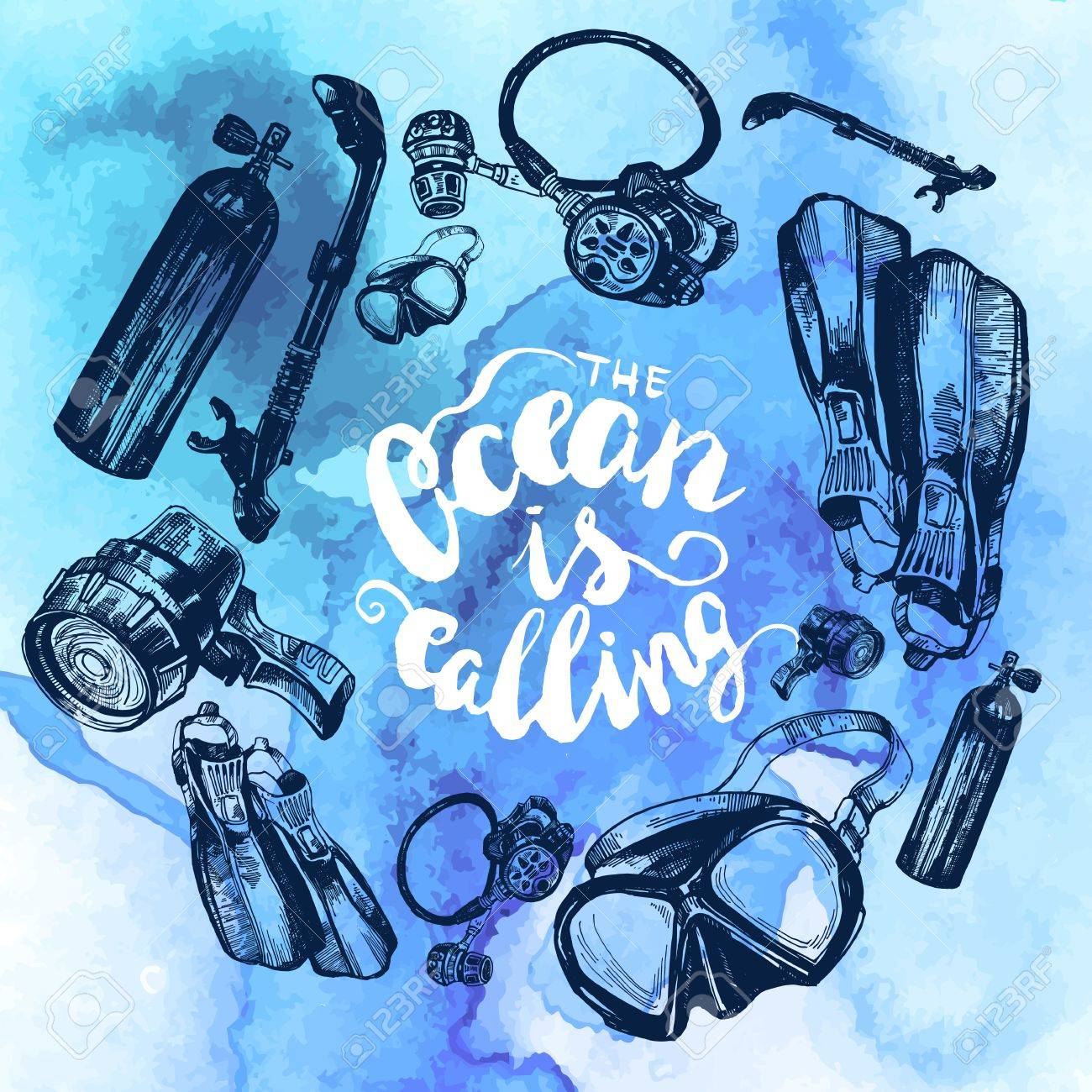 1300x1300 Scuba Diving Equipment Sketch Set Round Composition. Including