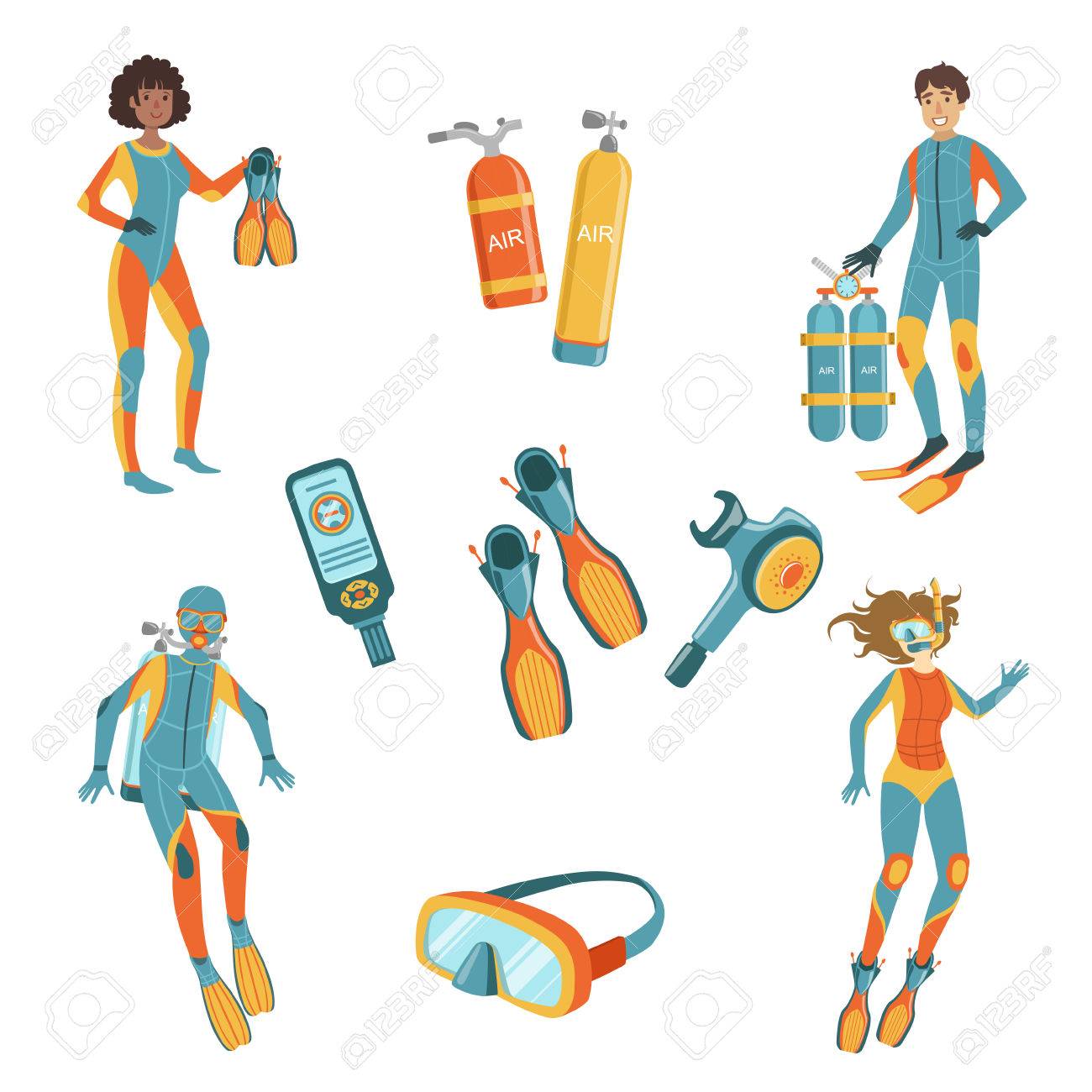 1300x1300 People, Scuba Diving And Free Diving Gear Bright Color Cartoon