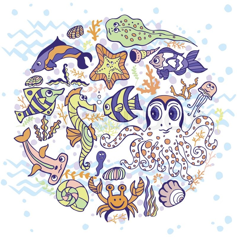 800x800 Vector Summer Background.sea Life Animals Set, Fish, Octopus,crab