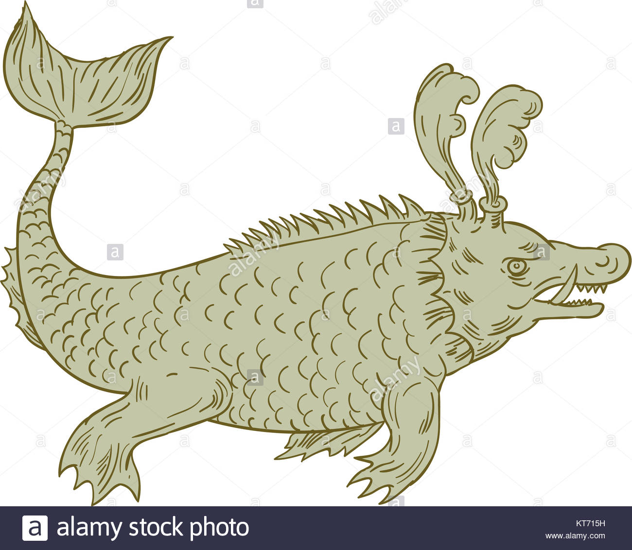 1300x1132 Ancient Sea Monster Drawing Stock Photo, Royalty Free Image