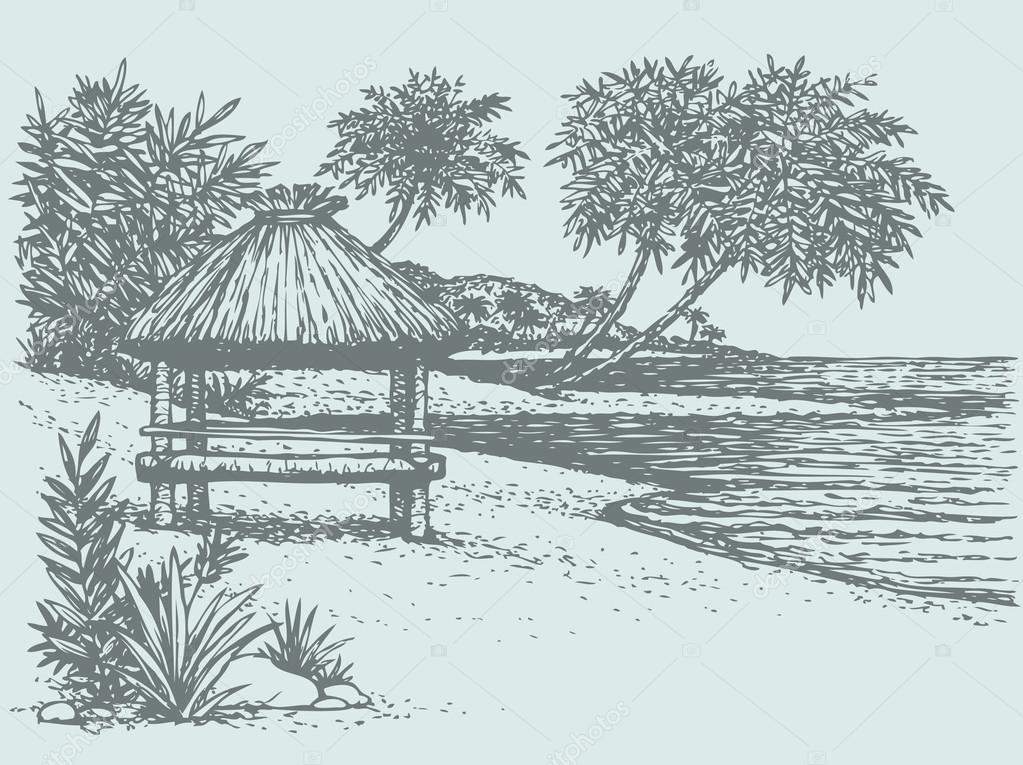 1023x765 Vector Seascape. Palm Trees Near Bungalow On The Seashore Stock