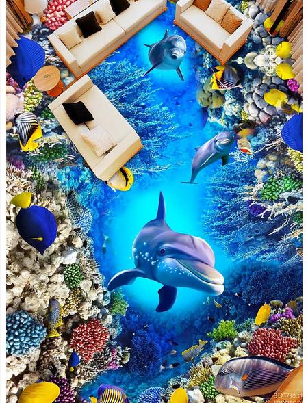 450x589 Customized 3d Photo Wallpaper Sea World Dolphin Corals 3 D Drawing