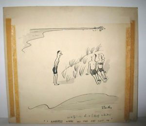 300x260 Vintage Original 1940 Comic Art Proof Seashore Pen Pencil Drawing