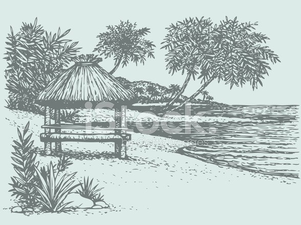 588x439 Vector Palm Trees Near Bungalow On The Seashore Stock Vector