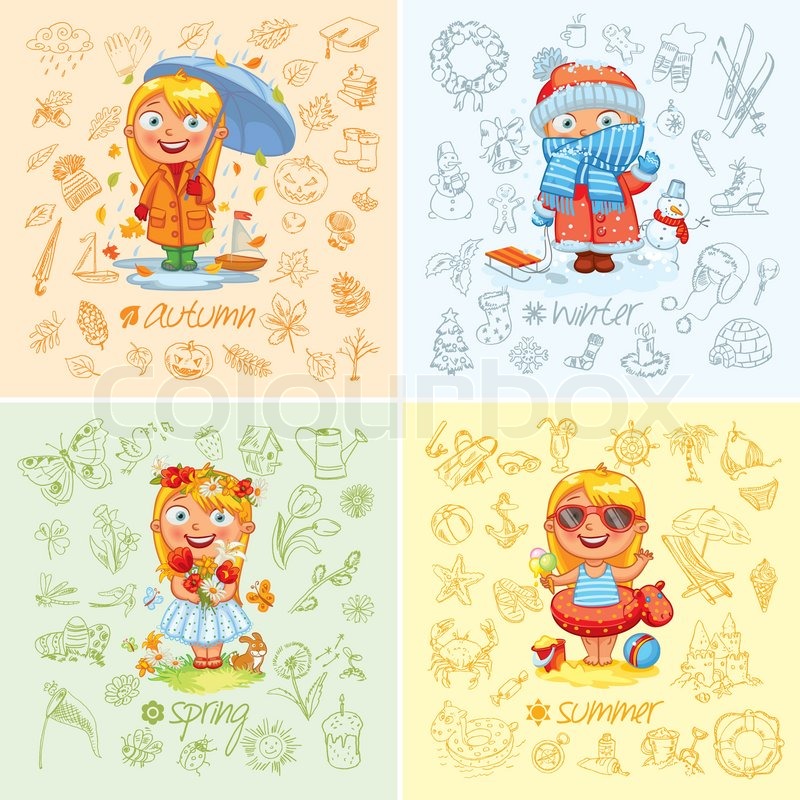 800x800 Baby Girl And The Four Seasons. Freehand Drawing Autumn, Winter