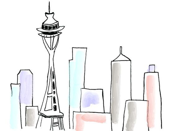 570x423 Seattle Space Needle Line Drawing 5x7 Print House