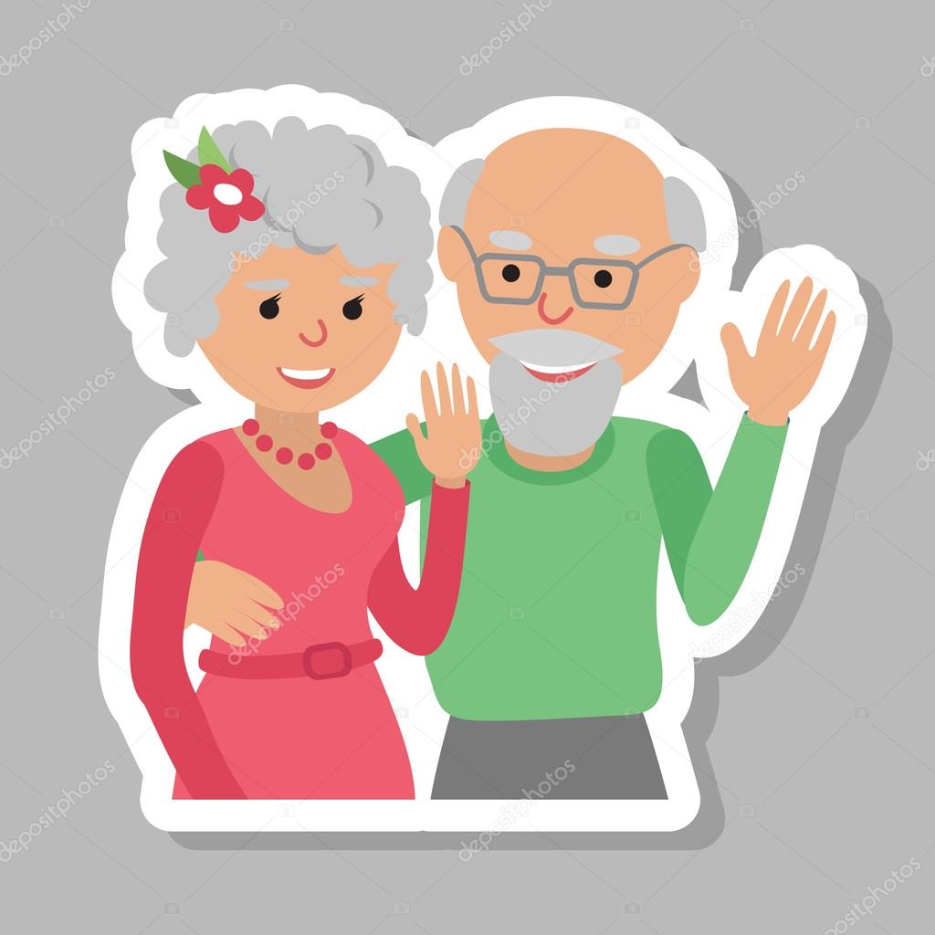 1024x1024 Happy Senior Couple Waving His Hand. Vector Drawing In The Flat