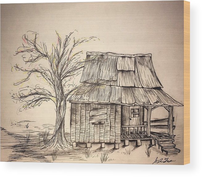 655x575 Shack Drawing In Pen Wood Print By Nicholas James