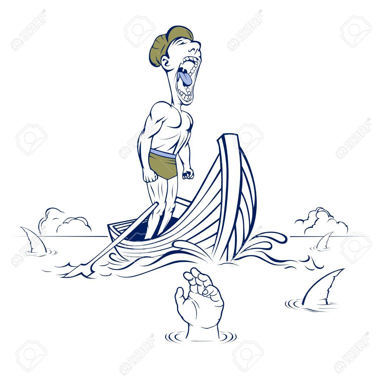 1300x1276 Sailor Scream In Wood Boat And Shark Fin Royalty Free Cliparts