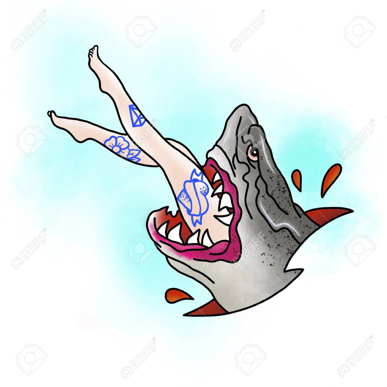 1300x1300 Stylized Shark. Tattoo Design. Cartoon Illustration, Hand Drawn