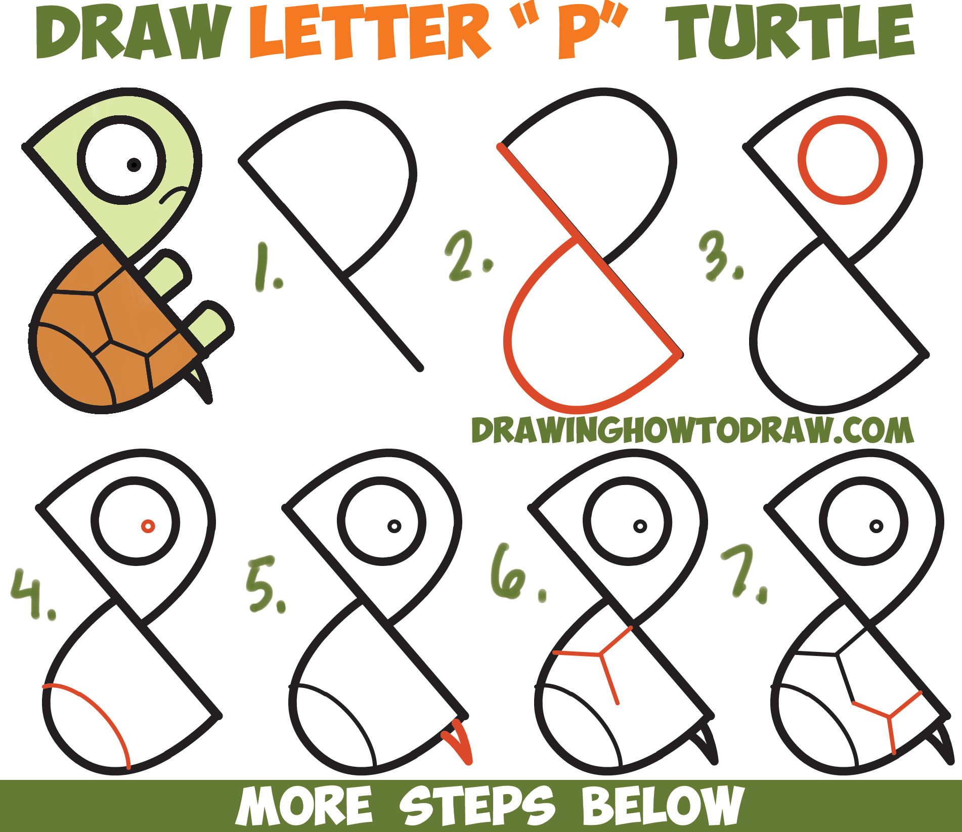 1902x1645 How To Draw A Cute Cartoon Turtle From Letter P Shapes Easy Step