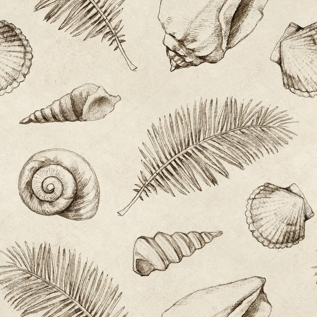1024x1024 Seamless Pattern With Drawings Of Sea Shells And Palm Leaves