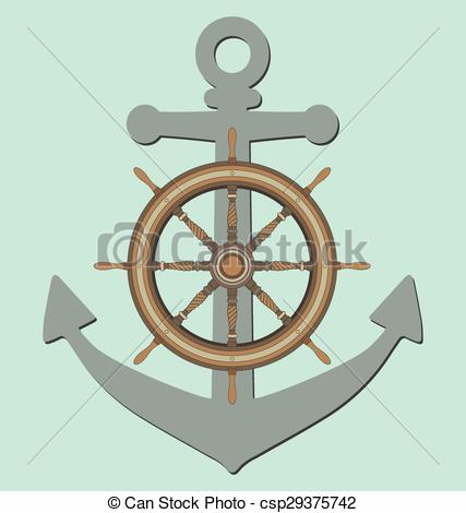 427x470 Anchor And Ship Steering Wheel On Blue Eps Vector