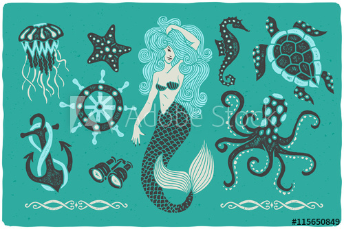 500x334 Marine Illustrations Set. Mermaid Drawing. Octopus. Ocean Turtle